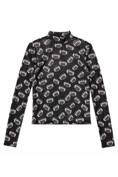 Women Spring Football Print Sheer Mesh Mock Neck Top