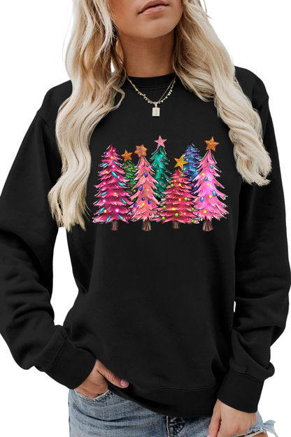 Women's Fall Christmas Tree Graphic Print Crew Sweatshirt