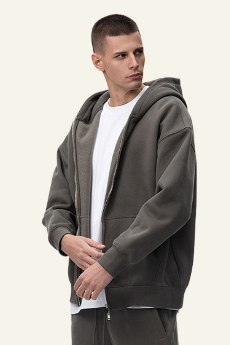 Men's Streetwear Fleece-lined  Full-Zipper Hooded Jaacket
