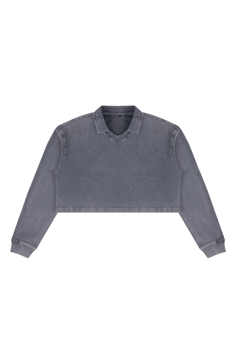 Women Fall Clothing Snow Washed Collared Crop Sweatshirt
