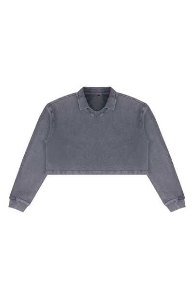 Women Fall Clothing Snow Washed Collared Crop Sweatshirt