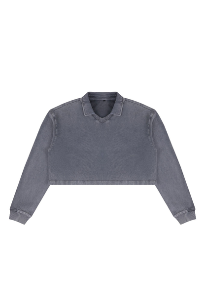 Women Fall Clothing Snow Washed Collared Crop Sweatshirt