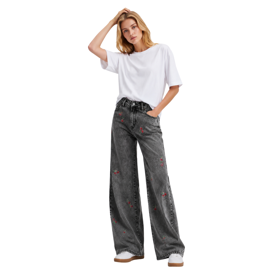 Women's High Waist Cherry Embroidered Wide Leg Jeans