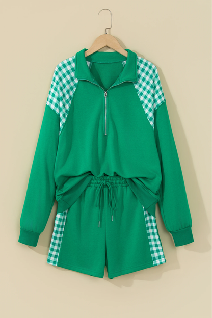 Women Winter Christmas Gingham Half Zip Top Shorts Set