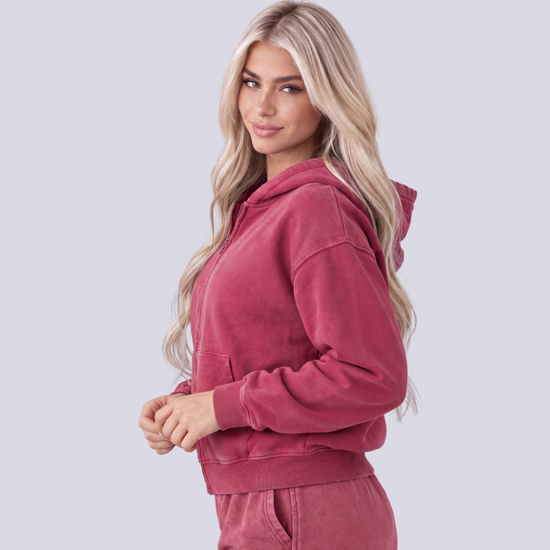 Women Fall Clothing Snow Wash Brushed Fleece Zip Hoodie
