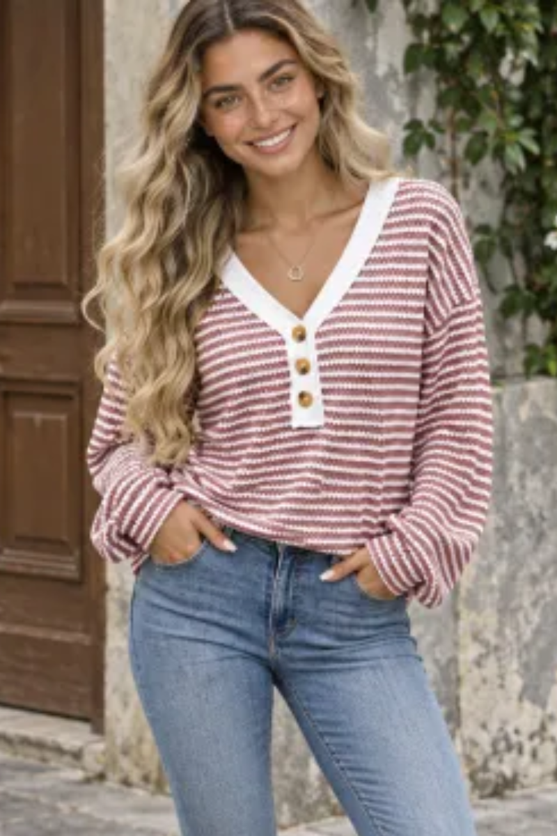 Women Spring Striped Button V Neck Long Sleeve Top
