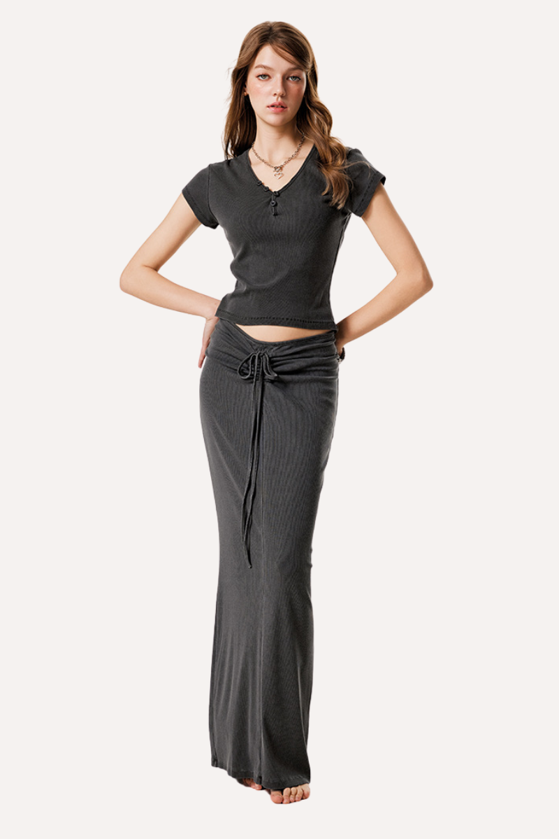 Women's Summer Retro Sexy Slim V-Neck Ski Tee & Skirt Set