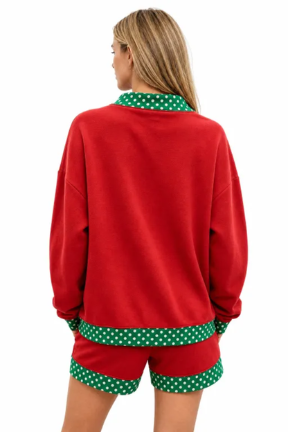 Women Fall Polka Dot Mock Neck Sweatshirt Shorts Set