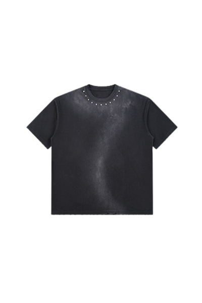 Men's Summer 260g Retro Washed Rivet Distressed Fade Tee