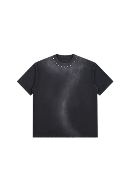 Men's Summer 260g Retro Washed Rivet Distressed Fade Tee