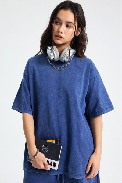 Women's Cotton Streetwear Wax-Dyed Washed Distressed T-shirt