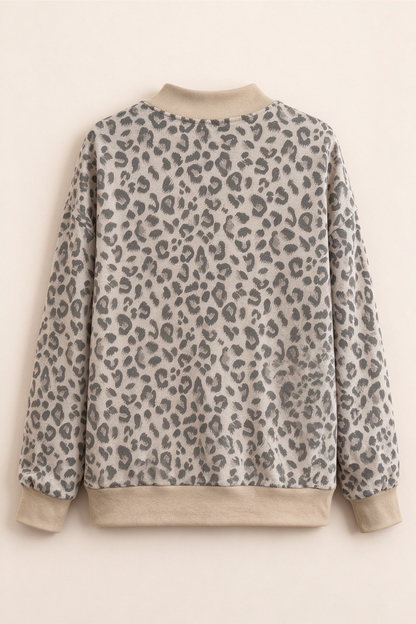 Women's Fall Leopard Print Rib Loose Pullover Sweatshirt