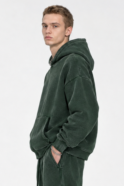 Men Fall Clothing Faded Wash Fleece Curved Sleeve Hoodie