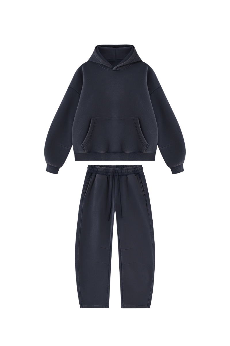 Men Fall Clothing Faded Fleece Hoodie & Wide-Leg Pants Set