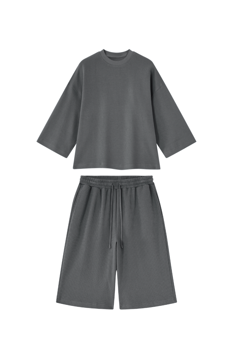 Unisex Spring Waffle Knit Loose Casual Top and Shorts Set