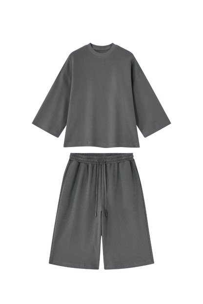 Unisex Spring Waffle Knit Loose Casual Top and Shorts Set