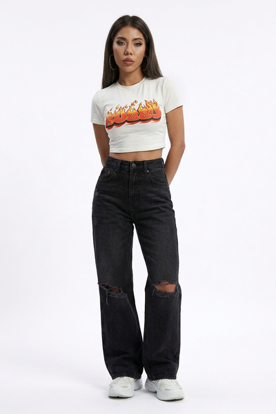 Women's High Waist Straight Leg Ripped Jeans