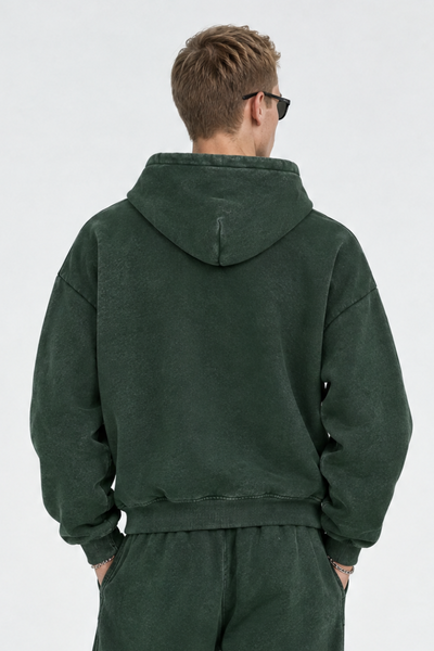 Men Fall Clothing Faded Wash Fleece Curved Sleeve Hoodie