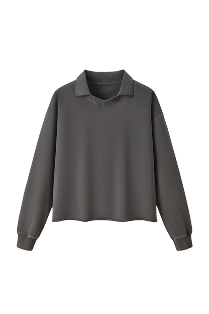 Unisex Fall Snow Wash Polo Collar Cropped Sweatshirt
