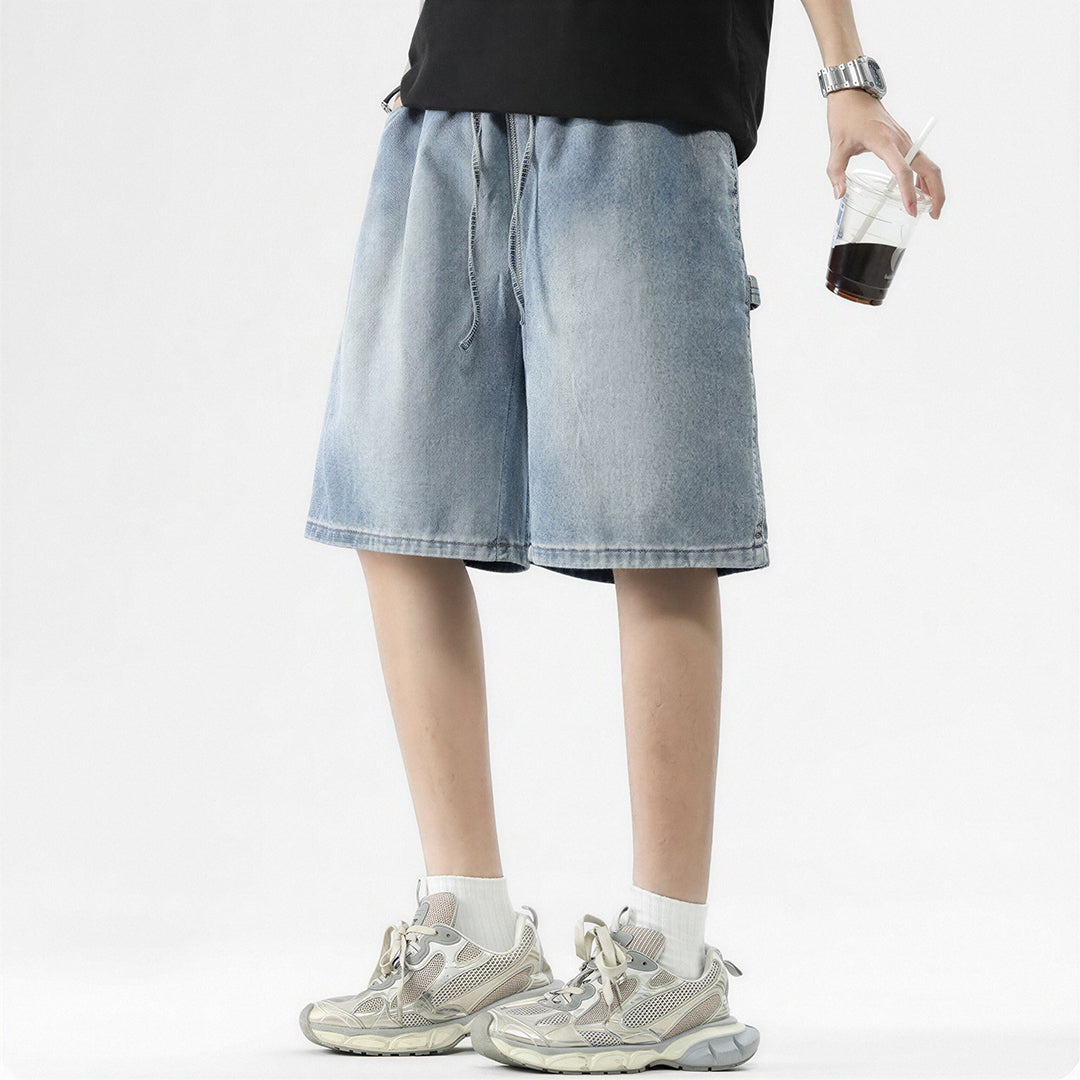 Men's Summer Dark Wash Carpenter Drawstring Denim Shorts