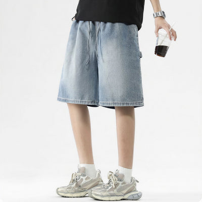 Men's Summer Dark Wash Carpenter Drawstring Denim Shorts