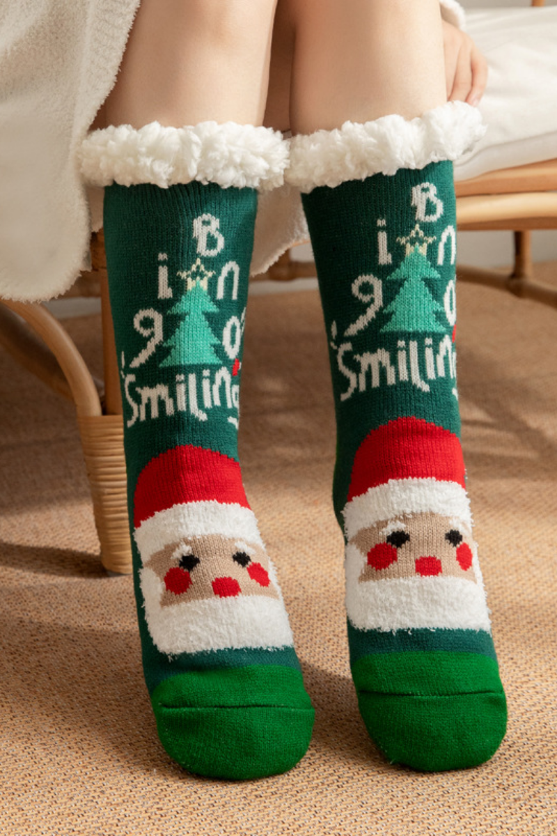Women Winter Christmas Fleece Cuff Non Slip Slipper Socks