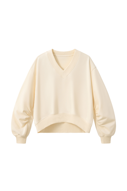 Women Fall V Neck Boxy Cropped Lantern Sleeve Sweatshirt