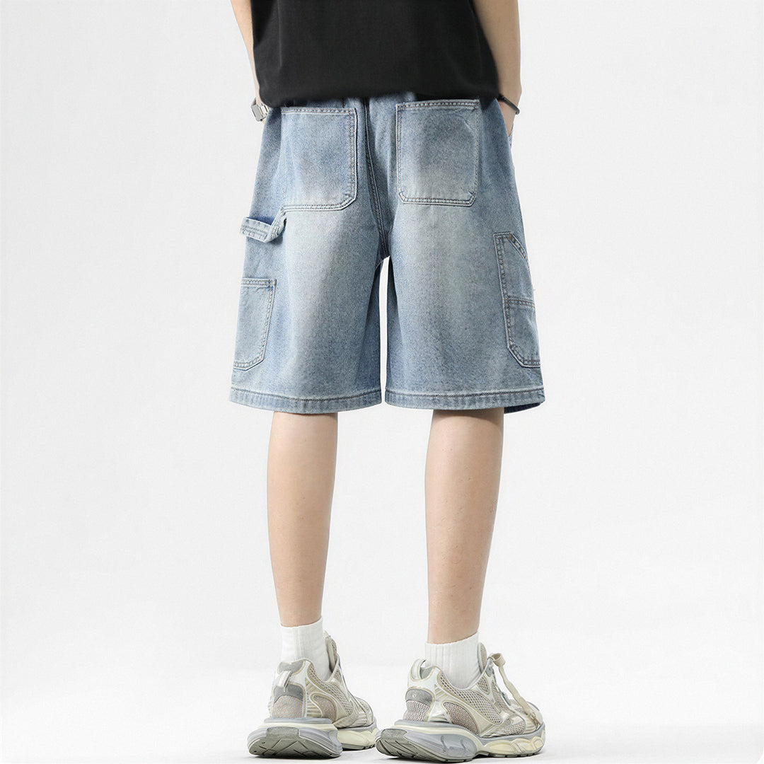 Men's Summer Dark Wash Carpenter Drawstring Denim Shorts