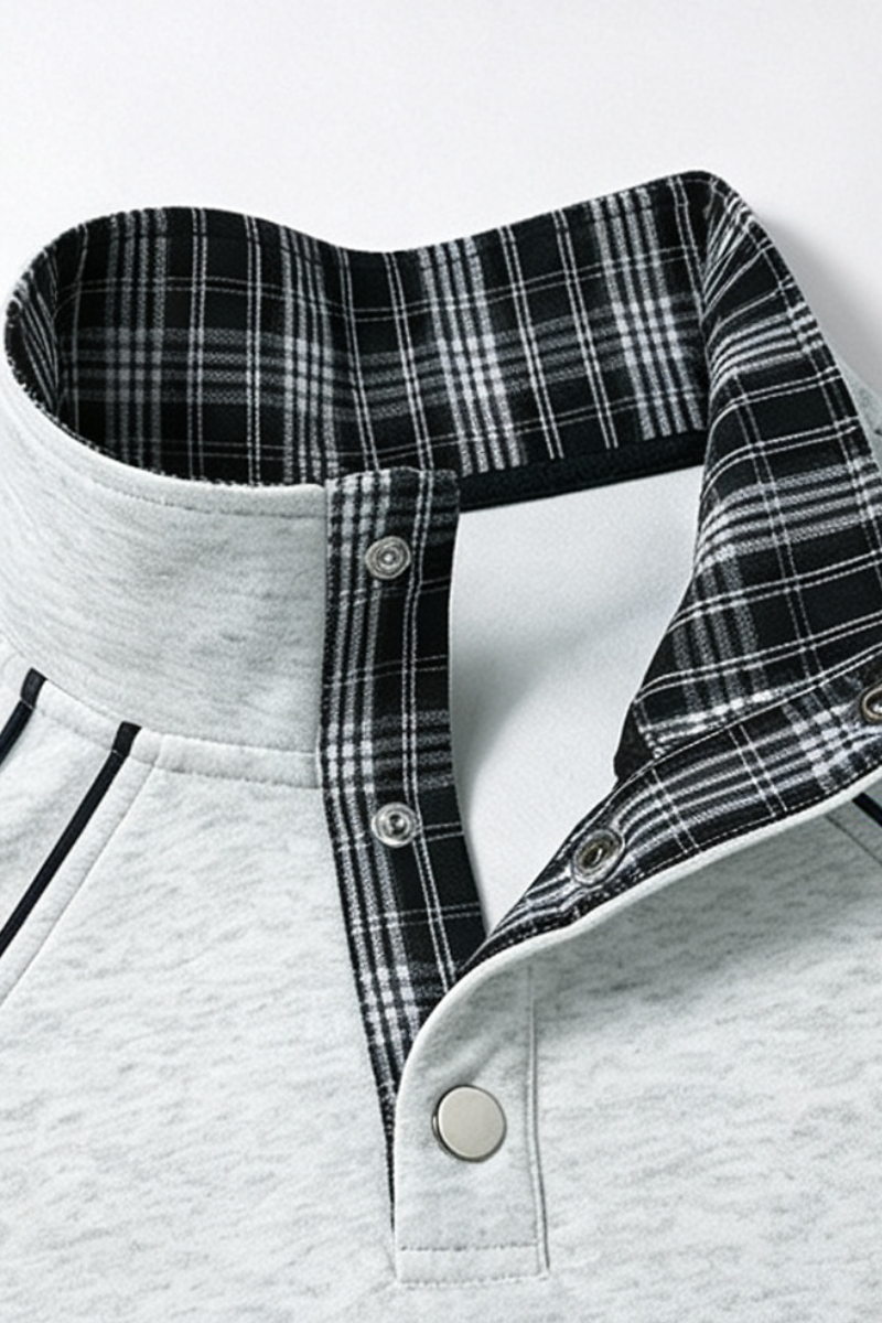 Men Fall Plaid Collar Snap Button Color Block Sweatshirt