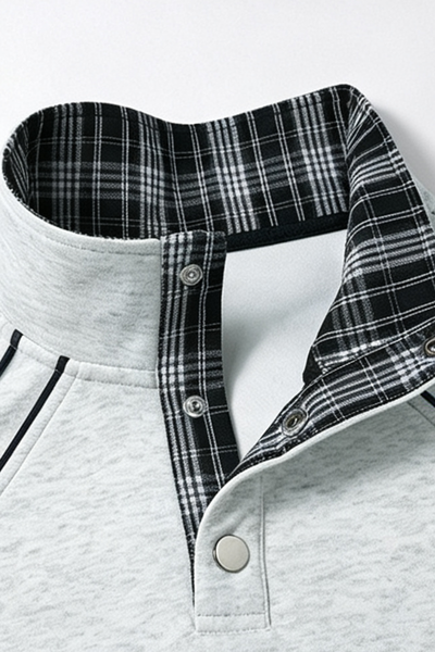 Men Fall Plaid Collar Snap Button Color Block Sweatshirt
