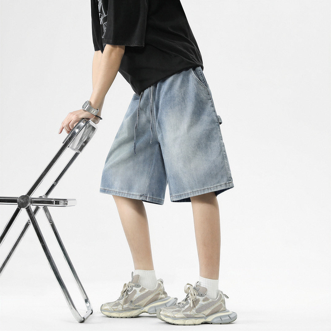 Men's Summer Dark Wash Carpenter Drawstring Denim Shorts