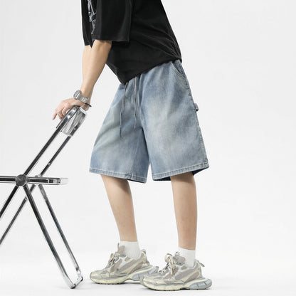 Men's Summer Dark Wash Carpenter Drawstring Denim Shorts