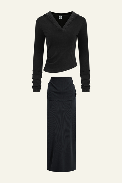 Women's Slim Fit Set:Long Seelve Top & Maxi Skirt