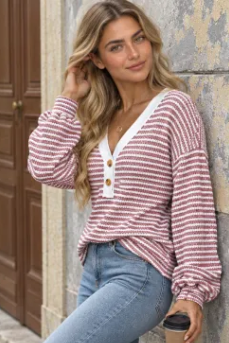 Women Spring Striped Button V Neck Long Sleeve Top