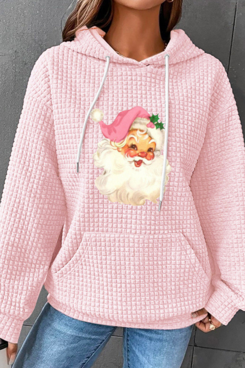 Women Winter Christmas Santa Waffle Knit Pullover Hoodie
