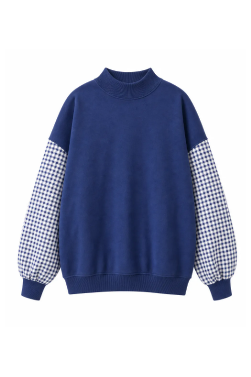 Women Fall Gingham Sleeve Mock Neck Oversized Sweatshirt