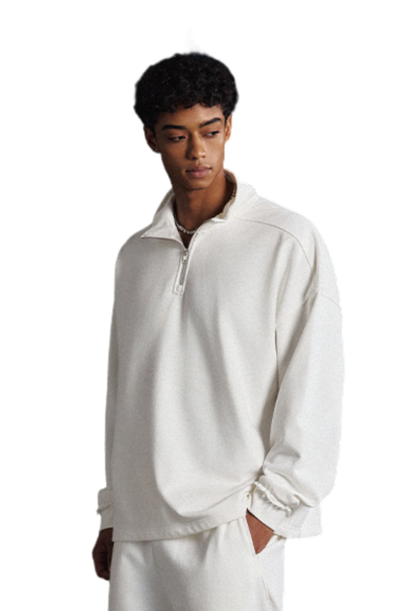 Men's Summer 450g Half Zip Raw Edge StandCollar Sweatshirt