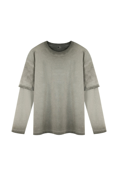 Unisex Fall Clothing Vintage Washed Layered Long Sleeve Tee