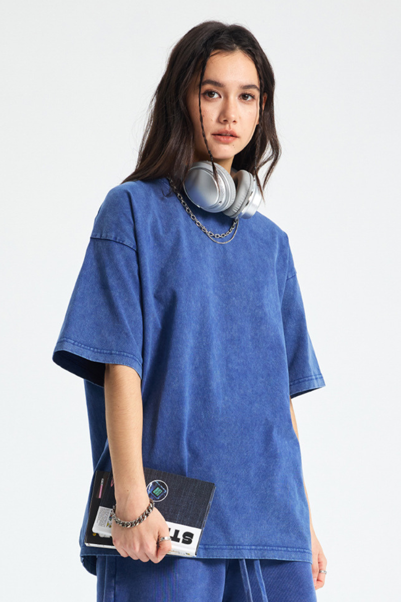 Women's Cotton Streetwear Wax-Dyed Washed Distressed T-shirt