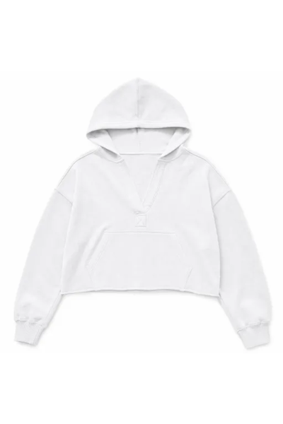 Women Spring Raw Edge V Neck Cropped Pullover Hoodie