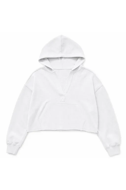 Women Spring Raw Edge V Neck Cropped Pullover Hoodie