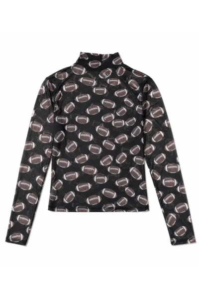 Women Spring Football Print Sheer Mesh Mock Neck Top