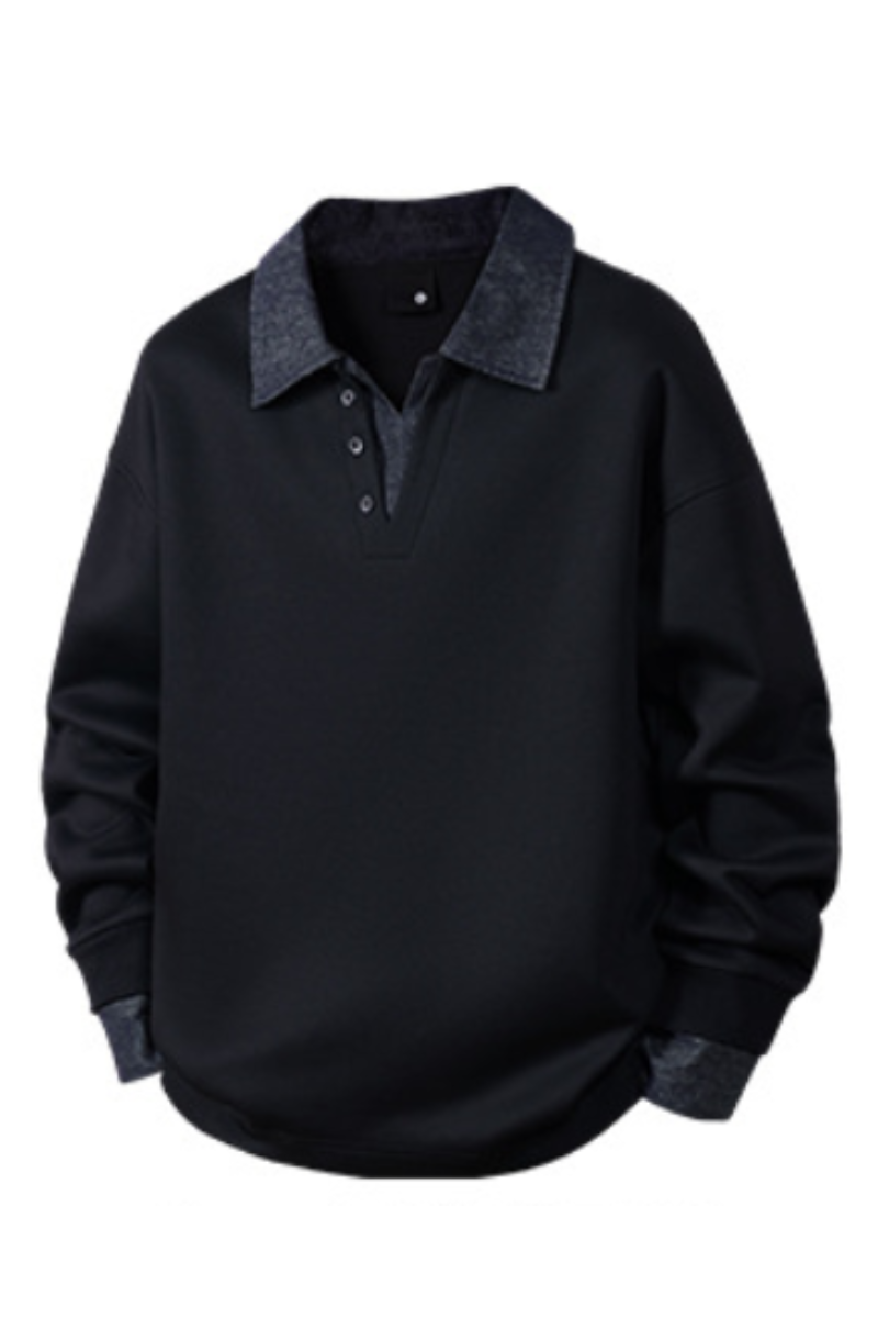 Men's Fall Winter Fleece-Lined Denim-Collar Polo Sweatshirt