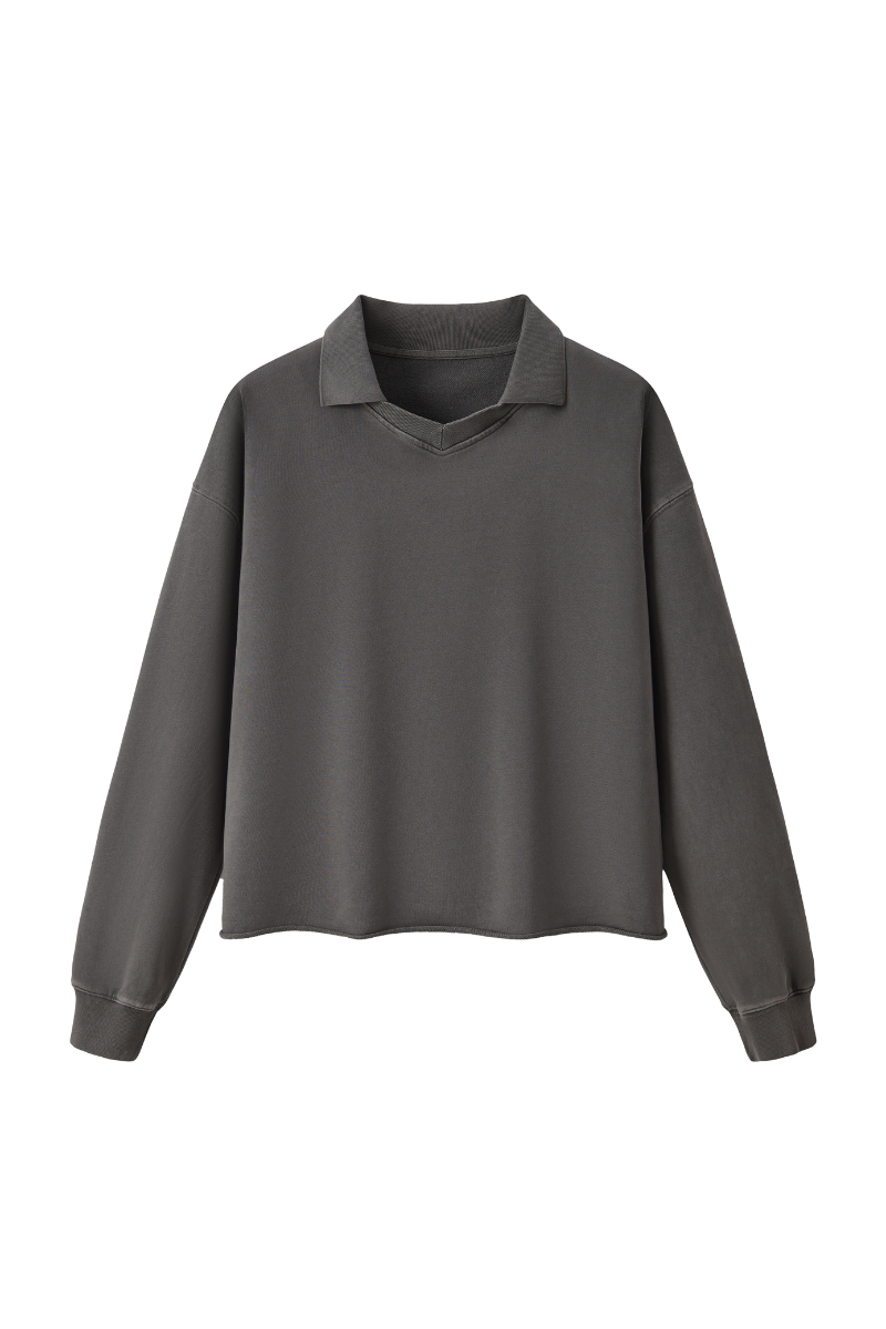 Women Fall Snow Wash Polo Collar Cropped Sweatshirt