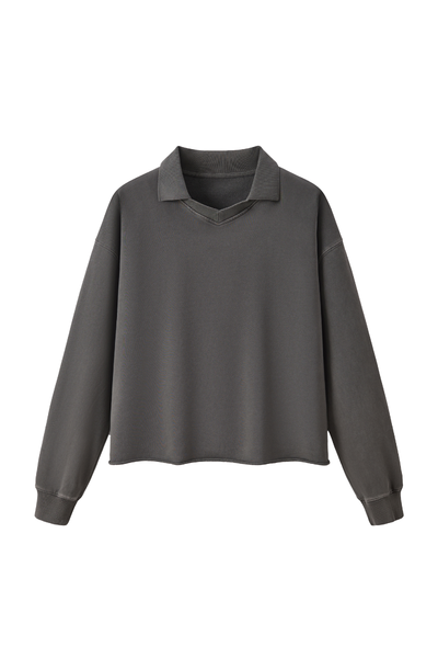 Women Fall Clothing Snow Wash Polo Collar Sweatshirt
