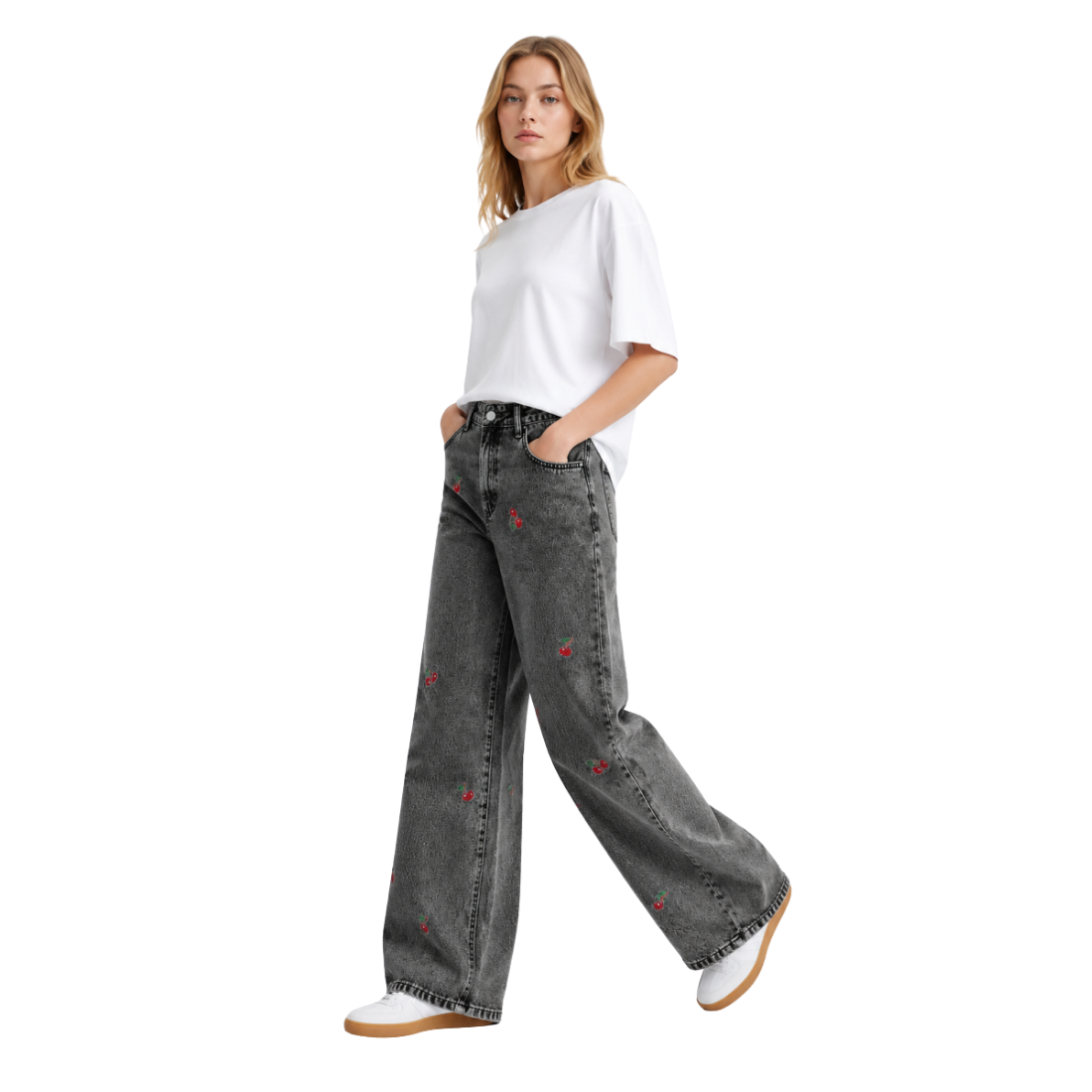 Women's High Waist Cherry Embroidered Wide Leg Jeans