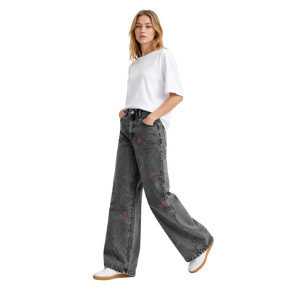 Women's High Waist Cherry Embroidered Wide Leg Jeans
