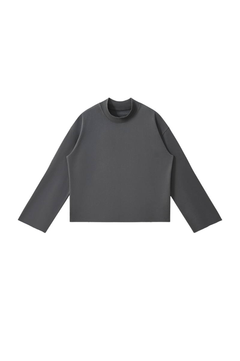 Women Fall Boxy Frayed Hem Mock Neck Long Sleeve Top