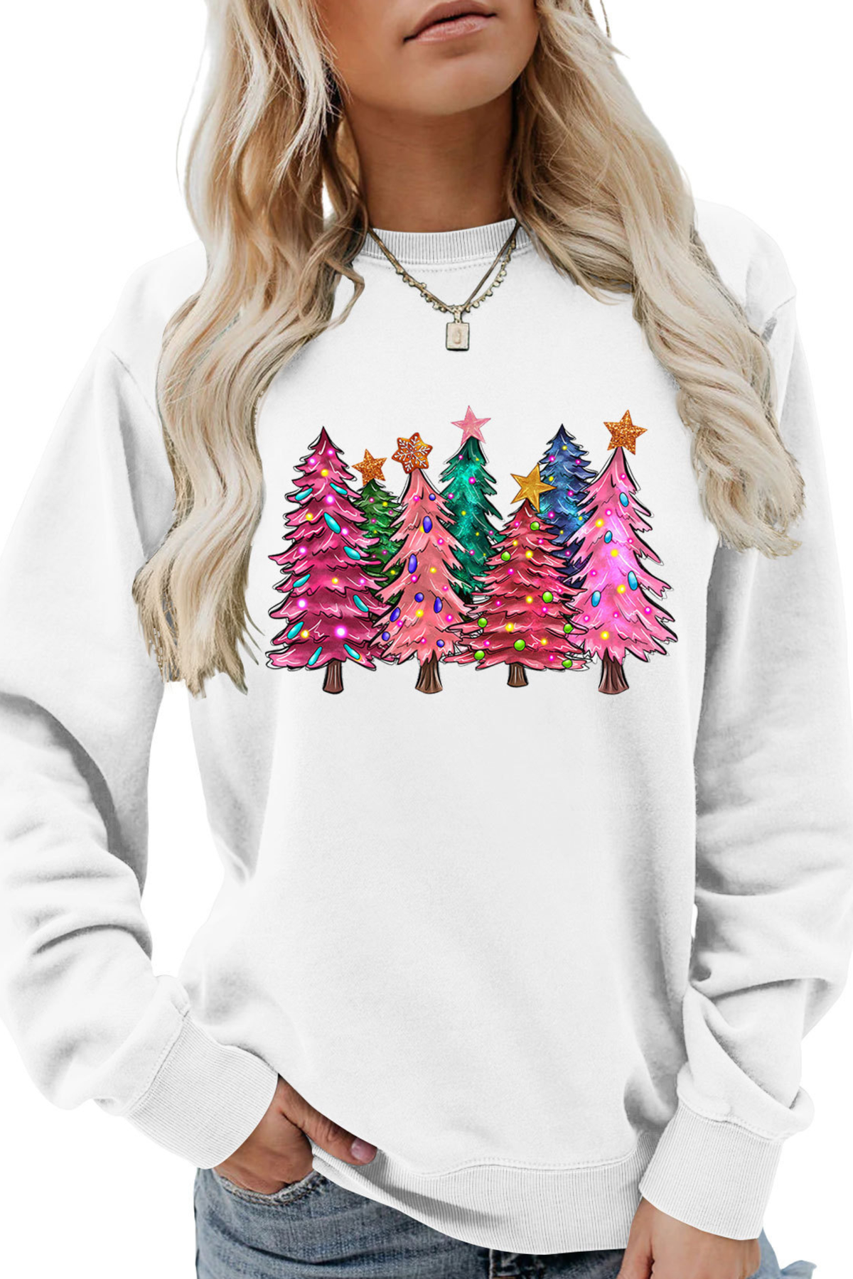 Women's Fall Christmas Tree Graphic Print Crew Sweatshirt
