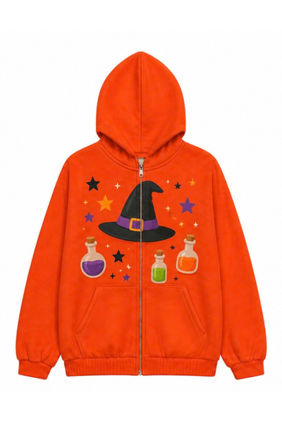 Unisex Fall Clothing Halloween Pumpkin Bat Zip Hoodie